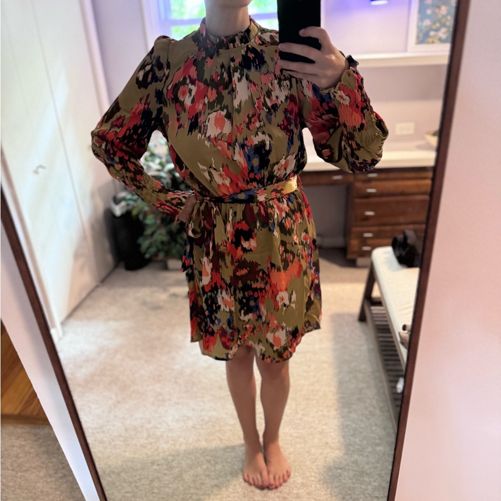 Multicolored Abstract Floral Mini Dress with Removable Belt Tie